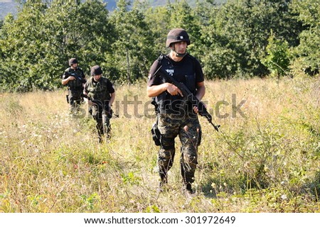 BELGRADE, SERBIA - CIRCA SEPTEMBER 2014: Serbian special anti terrorist unit officers in border with Kosovo , circa September 2014 in Serbia