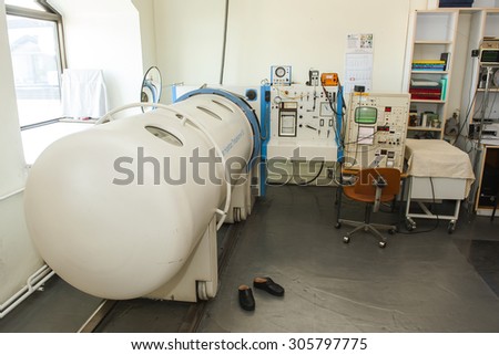BELGRADE - JUL 05: The Pressure chamber ,Hyperbaric chamber used for medicinal purposes to treat people on Jul 05, 2014 in Belgrade