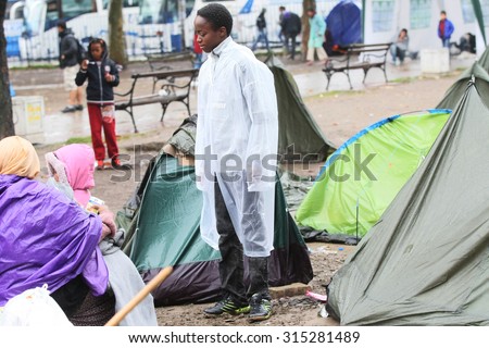 SERBIA, BELGRADE - September 01,2015: Park at the station migrants from Syria have turned into a small city. Some have even set up tents and in which they reside, while most sleep under the open sky.