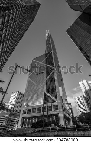 Bank of China Tower from low angle in Black and White, Central, Hong Kong - 2 Aug 2015: It is designed by I.M Pei and Partners. It was the tallest building in Hong Kong and Asia from 1989 to 1992.
