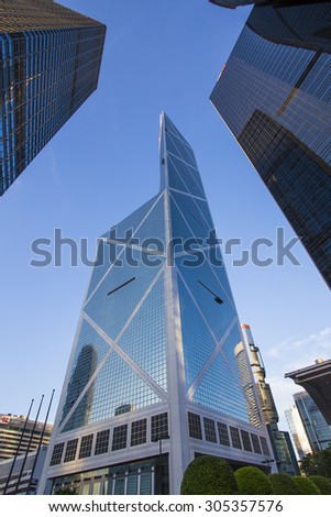 Bank of China Tower from low angle, Central, Hong Kong - 2 Aug 2015: It is designed by I.M Pei and Partners. It was the tallest building in Hong Kong and Asia from 1989 to 1992.