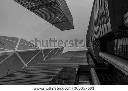 Architecture of Central with Blue Sky Background in Black and White - 2 Aug 2015: It include Citibank Plaza, Bank of China Tower and Cheung Kong Center.