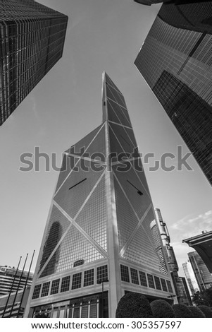 Bank of China Tower from low angle in Black and White, Central, Hong Kong - 2 Aug 2015: It is designed by I.M Pei and Partners. It was the tallest building in Hong Kong and Asia from 1989 to 1992.