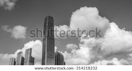 International Commerce Centre in Black and White, West Kowloon, Hong Kong - 10 Aug 2014: It is a commercial skyscraper completed in 2010. It is designed by Kohn Pedersen Fox Associates.