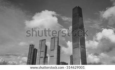 International Commerce Centre in Black and White, West Kowloon, Hong Kong - 10 Aug 2014: It is a commercial skyscraper completed in 2010. It is designed by Kohn Pedersen Fox Associates.
