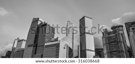 Architecture of Central with Blue Sky Background in Black and White - 6 Sep 2015: It include The AIA Central(AIG Tower), Bank of China Tower and Cheung Kong Center.
