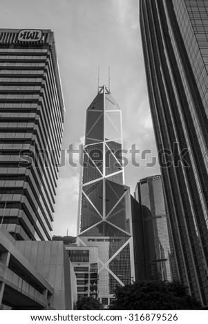Bank of China in Black and White, Central, Hong Kong - 2 Aug 2015: It is designed by I.M Pei and Partners. It was the tallest building in Hong Kong and Asia from 1989 to 1992.