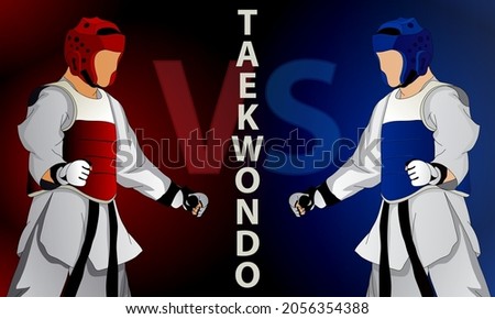 Sparring of two fighters in taekwondo. Both fighters are in protective suits, gloves, helmet. Abstract sports background.