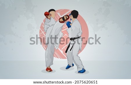 Training of two fighters in karate martial arts. Abstract gray background.