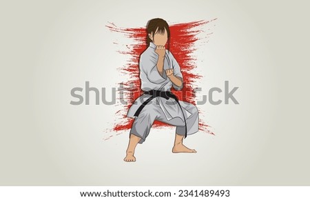 Woman in a kimono and with a black belt stands in a martial pose in karate martial arts. Vector illustration. Abstract background.