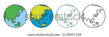 Globe. world map. Earth. Line art vector. icon. Centered on Asia.