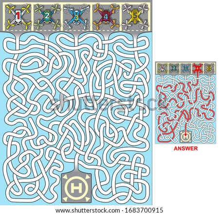 Drones. Which drone out of five will reach the destination? Vector illustration of labyrinth, maze with entry and exit. Only one way is leading to the finish, other paths are dead ends. Maze for kids.