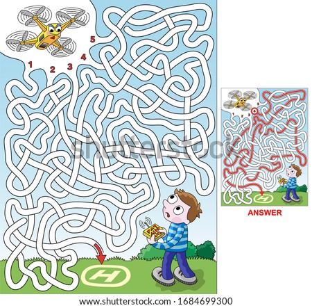 Drone. Select a correct path to land with drone on surface. Vector illustration of labyrinth, maze with entry and exit. Only one way is leading to the finish, other paths are dead ends. Maze for kids.