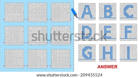 Alphabet maze for kids - A, B, C, D, E, F, G, H, I. If you will fill the path through the labyrinth, you will see letters of the alphabet as a surprise.