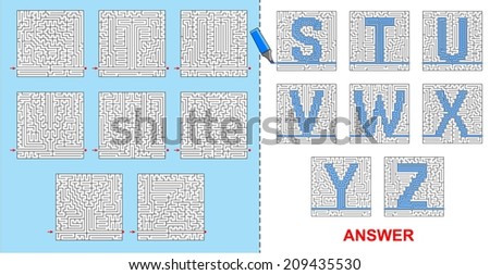 Alphabet maze for kids - S, T, U, V, W, X, Y, Z. If you will fill the path through the labyrinth, you will see letters of the alphabet as a surprise.