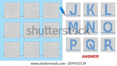 Alphabet maze for kids - J, K, L, M, N, O, P, Q, R. If you will fill the path through the labyrinth, you will see letters of the alphabet as a surprise.