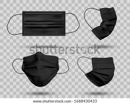 Black mockup protective face mask or medical mask. To protect coronavirus and infection. Medical mask set isolated on transparent background. Realistic vector illustration