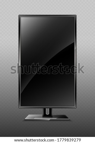 Realistic vertical TV monitor mockup with blank screen. Modern lcd panel isolated on transparent background. Led monitor display. Blank television template. Vector realistic illustration
