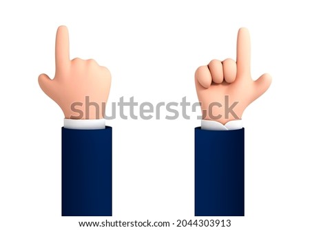 Vector cartoon hand with finger pointing up isolated on white background. Human hand touching or pointing something. Cartoon character hand pointing up gesture.