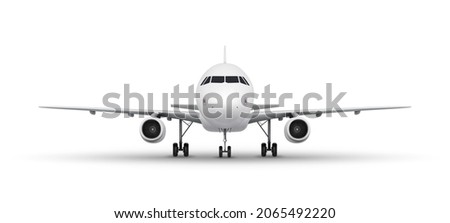 Vector realistic airplane. Aircraft isolated on white background, front view.