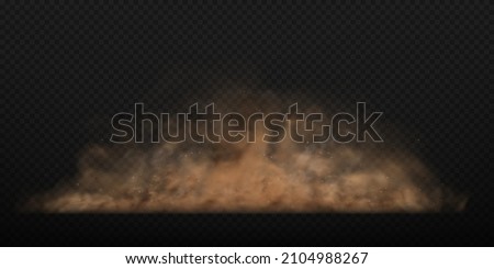 Dust sand cloud with stones and flying dusty particles isolated on transparent background. Brown dusty cloud or dry sand flying. Realistic vector illustration.