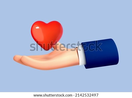 3d cartoon icon red heart in hand. Vector cartoon hand holding heart. Realistic illustration of donation, love or charity