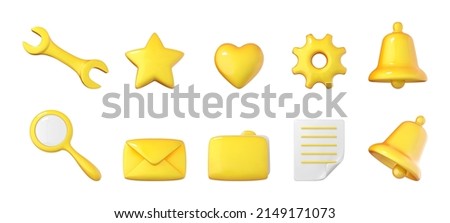3D social media icons set, online communication symbols. Star, bell, heart, mail, magnifier, wrench, folder, gear, document symbol. Elements for networking sites, applications
