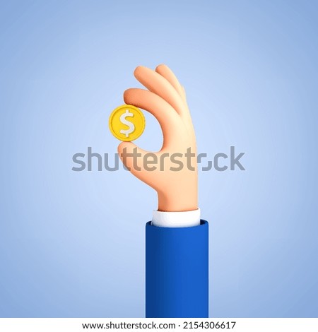 Businessman cartoon hand holding coin with dollar sign isolated on blue background. Vector 3d illustration
