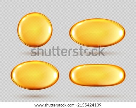 Gold oil capsules. Vitamin round pill set. Cosmetics, omega 3 golden bubble. Serum droplets or collagen essence isolated on transparent background