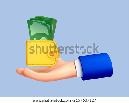 3D cartoon hand holding wallet with money isolated on blue background. Money saving, online payment and payment concept. Vector 3d illustration