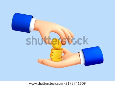 3D cartoon hand passes coin to the other. One hand holding a gold coin gives it to the other. Concept of money, salary, charity, corruption, gift, bribe. Vector 3d illustration