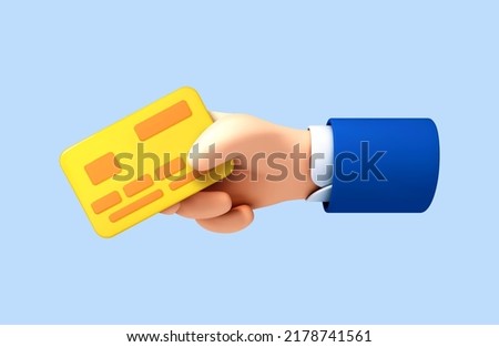 3D cartoon hand of businessman holds debit or credit card. Concept of contactless payment or online shopping and online banking. Vector 3d illustration