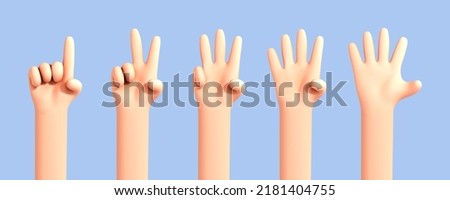 Vector cartoon hand counting from one to five isolated on blue background. Set of palms with raised fingers.Cartoon set of counting hands. Hands gesture numbers.
