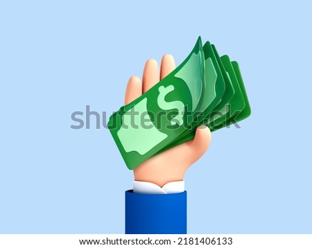 3D cartoon hand of businessman holds dollar banknotes. Concept of financial operation. Payment and Cash back. Money investment and business commerce. Vector 3d illustration