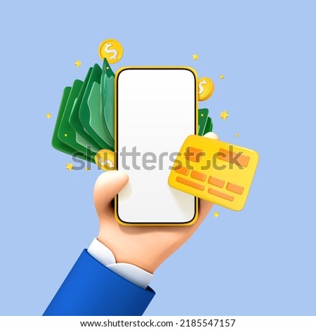 3D cartoon human hand holding phone with credit card, coins and green dollar bills. Online payment concept. Transfer and saving money concept. Contactless payments. Vector 3d illustration