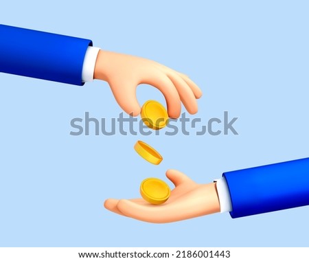 3D cartoon hand passes coins to the other. One hand holding a gold coin gives it to the other. Concept of money, salary, charity, corruption, gift, bribe. Vector 3d illustration
