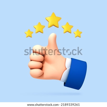 3D cartoon thumb up with a five star rating. Customer evaluation. Customer review rating. Vector 3d illustration.
