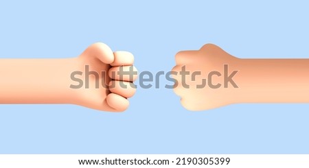 3D cartoon human hands making fist bump isolated on blue background. Vector 3d illustration
