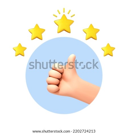 3D cartoon hand thumb up for success or good feedback. Five star rating. Positive concept and like symbol. Customer review rating and client feedback concept. Vector 3d illustration