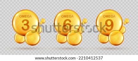 Set of golden drops of Omega three, six and nine. Polyunsaturated fatty acids Omega-3, Omega-6, Omega-9. Natural fish oil, organic vitamin, nutrients. Omega fatty acids. Vector realistic capsules
