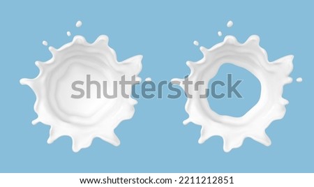 Milk splash isolated on blue background. Natural dairy product, yogurt or cream splash with flying drops. Realistic Vector illustration