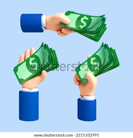 3D cartoon hands holds dollar bills. Concept of financial operation. Payment and Cash back. Money investment and business commerce. Vector 3d illustration
