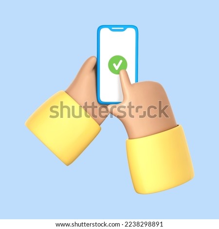 3D cartoon hand holding smartphone with green check mark. Check mark on smartphone screen. Finger touching screen isolated on blue background. Vector 3d illustration