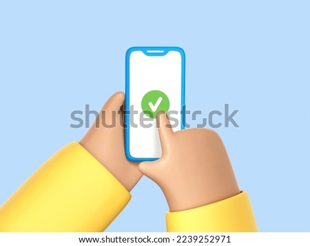 3D cartoon hand holding smartphone with green check mark. Check mark on smartphone screen. Finger touching screen isolated on blue background. Vector 3d illustration
