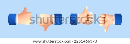 3D cartoon hands with thumb up and down gestures isolated on blue background. Vote or rating signs concept. Vector 3d illustration