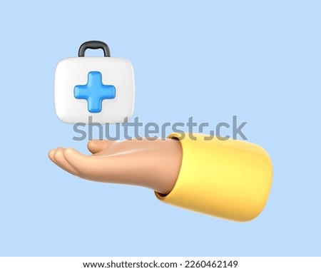 3D cartoon hand hold medicine kit box. Healthcare, and medical diagnostics concept. Medical bag. Vector 3d illustration.
