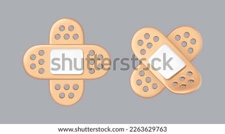 3D cartoon medical plaster icons. Sticky medic bandage. Medic recovery patch. Beige adhesive antibacterial bandage. First aid concept. Vector 3d illustration