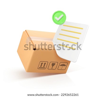 3D cardboard box and confirmed order with tick. Confirmed order delivery concept. Shipment checklist. Delivery of order in cardboard box. Fast delivery concept. Mail by courier. Vector illustration
