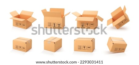 3D cardboard open and closed boxes isolated on white background. Delivery cargo box set. Cartoon style cardboard box or delivery package. Vector 3d realistic