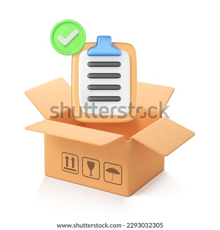 3D cardboard box and clipboard with tick. Confirmed order delivery concept. Shipment checklist. Delivery of order in cardboard box. Fast delivery concept. Mail by courier. Vector 3d illustration